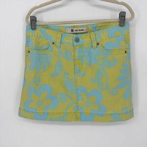 Vintage Gap Sz 8 Chartreuse Floral Hawaiian Cotton Mini Skirt Y2K Groovy Boho
